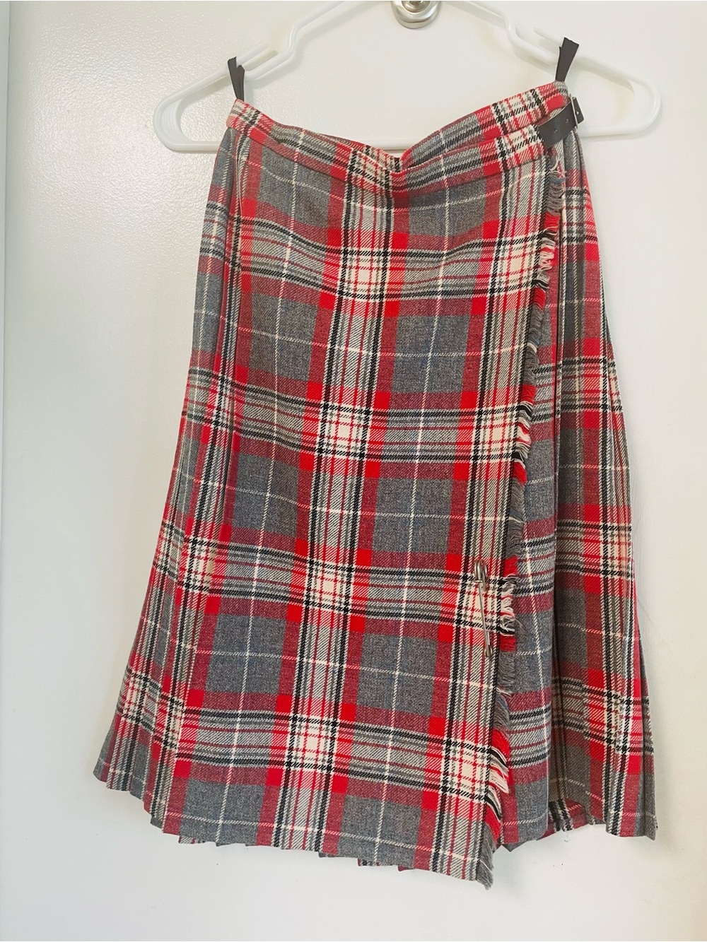 Classic Plaid Midi Wrap Skirt in Red and Gray